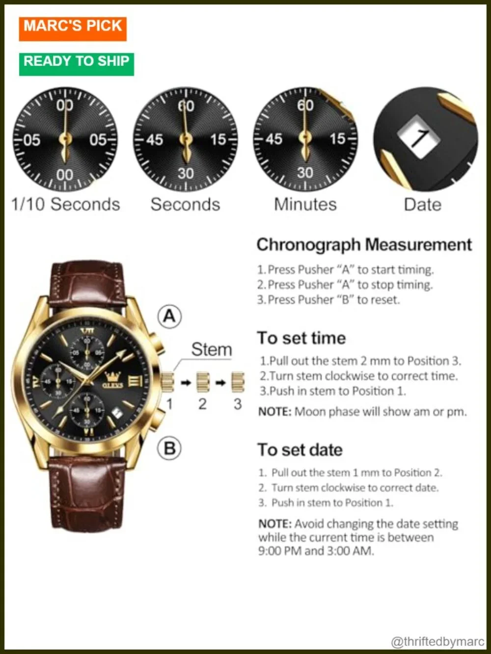 Men's Chronograph Leather Watch Big Face Analog Quartz Dress Casual Waterproof